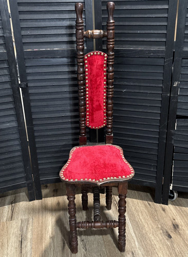 Antique Gothic Old Spanish Devotional Medieval Prayer Chair With Red Cushion