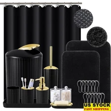 Black Gold Bathroom Accessories Set Shower Curtain Rugs Soap Dispenser Tumbler