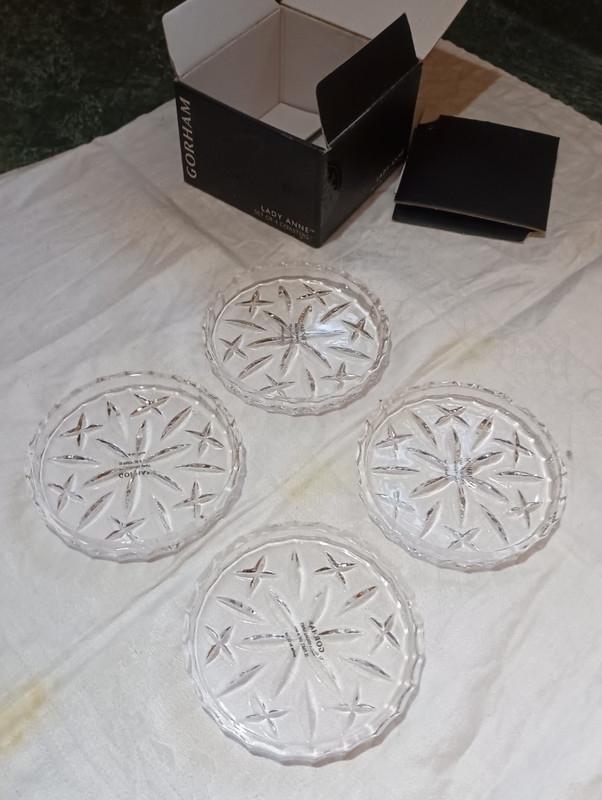 GORHAM LADY ANNE COASTERS,  Cut Lead Crystal, 3 1/2", 4 Pc In Box