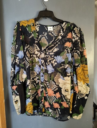 CAbi Shirt Blouse Large Black Multicolor Floral Sheer Long Sleeve Top