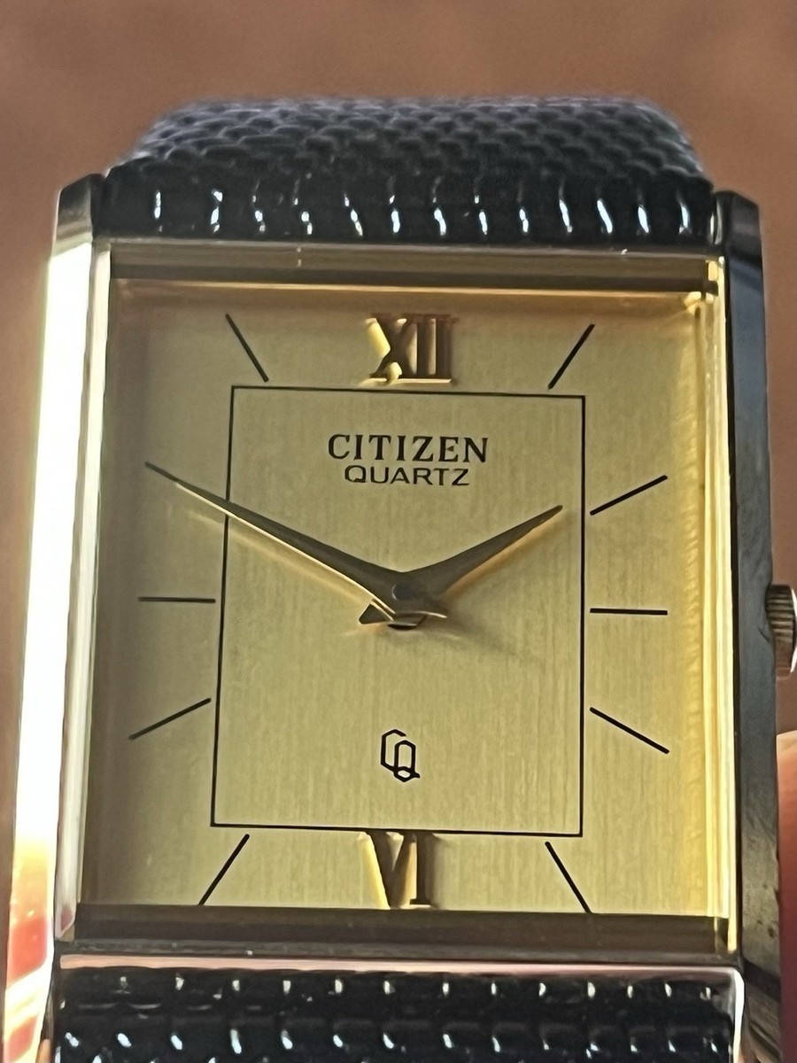 Citizen CQ 6020 Mens Quartz Gold Tone Tank Watch Runs VTG Lizard
