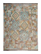 Handmade Kilim Rug: Grey Large Geometric Flatweave Wool Carpet (9’8” x 7’2”)