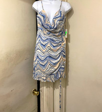 IRIS Blue White Pink Abstract Cowl Neck Slip Bodycon Midi Dress L Lined