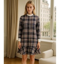 Tory Burch Silk Plaid Ruffle Hem Dress Size 4 White Collar Cuffs Preppy Chic