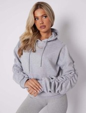 Womens Ruched Sleeve Oversized Hooded Ladies Hoodie Sweatshirt Jumper Top 8-14