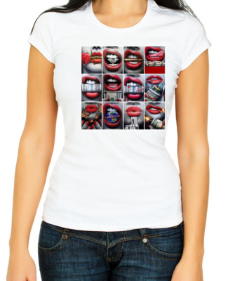 Red Lips Collage weiß 3/4 Kurzarm T-Shirt Damen F436