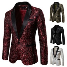 Men Floral Brocade Embroidered Suit Jacket Peak Lapel Blazer Single Breasted SPW