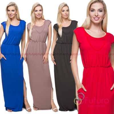  Ärmelloses Damen-Maxikleid Bootsausschnitt sexy langes offenes Bein Tunika S-XL FM121