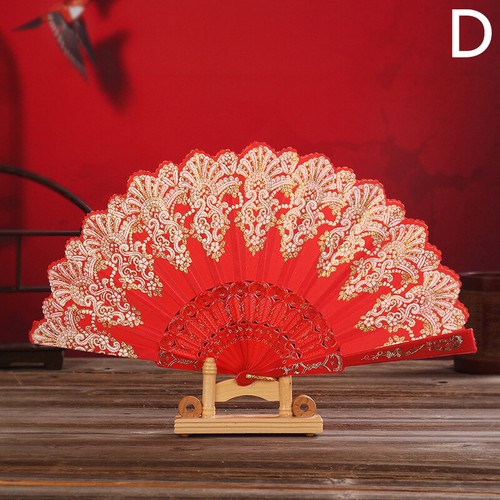 Chinese Style Folding Fan Gold Powder Hand Held Flower Dance Fan Party Wedding - Picture 11 of 33