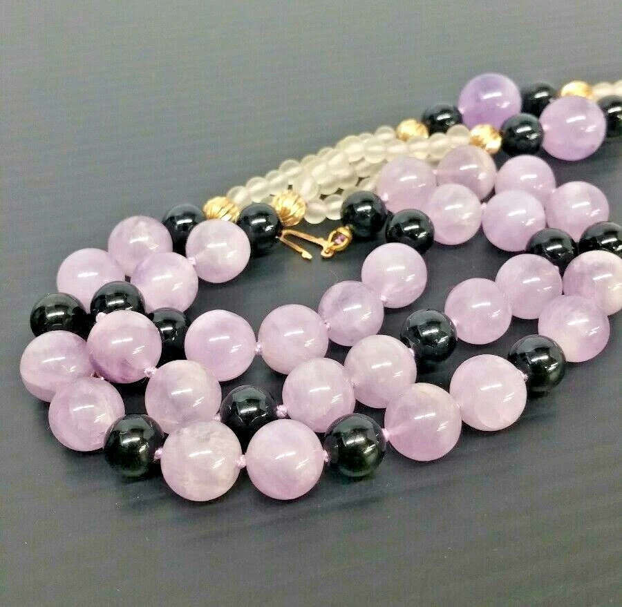 28'' 14k Yellow Gold, Amethyst, Pink Quartz, and Onyx Bead Necklace — 第 4/4 张图片
