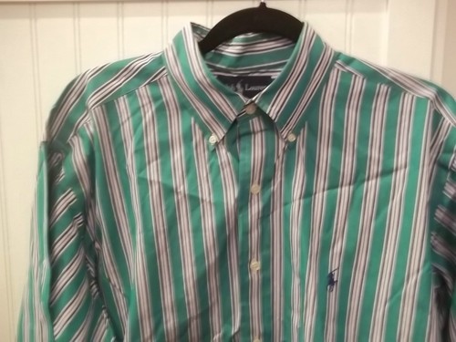 Men's Ralph Lauren Polo Classic Fit Large or 16 1/2 Green/Blue Stripe L/S Shirt - Picture 3 of 3