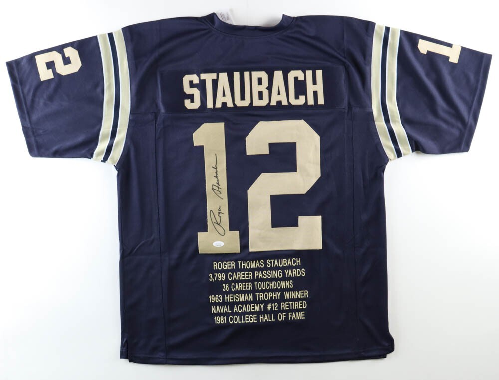 Roger Staubach Signed Navy Midshipmen Career Highlight Stat Jersey (JSA  COA)