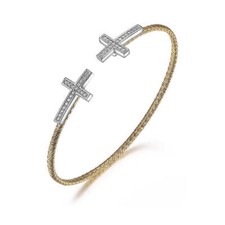 Charles Garnier 2mm Two-Tone Sterling Silver Mesh Cuff Bracelet w/ CZ Cross Tips