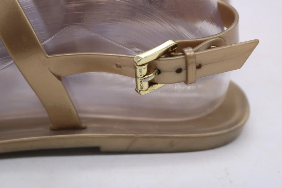 Sandalias Michael Kors Mujer Lillie Dorado Talla 7 MK Logo Placa Jalea Tanga PVC Foto 3 de 4