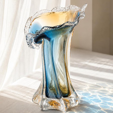 Turquoise Glass Hand Blown Vase, Teal Blue Gradient Modern Art Vase, Decorative