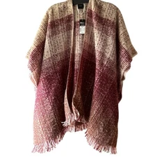 Cejon Plaid Poncho Ruana Women’s One Size Maroon Beige Fringed Fall Wrap Cape