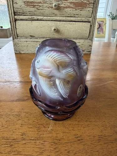 Fenton Fairy Light Atlantis Koi Fish Lamp Amethyst Hand Painted Artist Signed