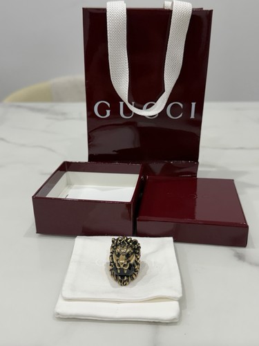 Gucci Lion Head Black Crystal 925 Sterling Silver Ring sz 13