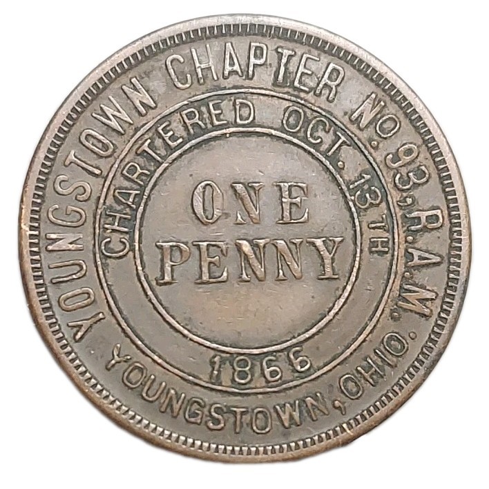 US Old Masonic Penny Token Youngstown Ohio OH Chapter 93 R.A.M.  Oct 1866
