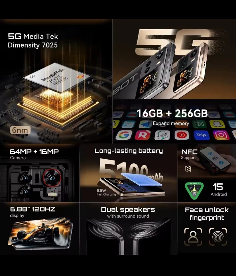 Cubot X100 5G 16+256GB Black Dual Screen 6.88" DualSim 64MP NFC Android 15 Phone - Image 3 of 4