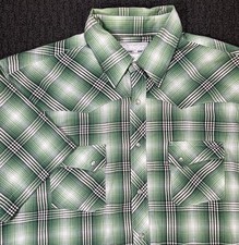 Wrangler Wrancher Shirts Faded Green White Black Plaid XL Dual Pocket Pearl Snap