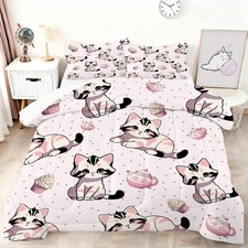 Pink Cat Comforter Set Full Size for Girls Cute Cat Bedding Set for All Seaso...
