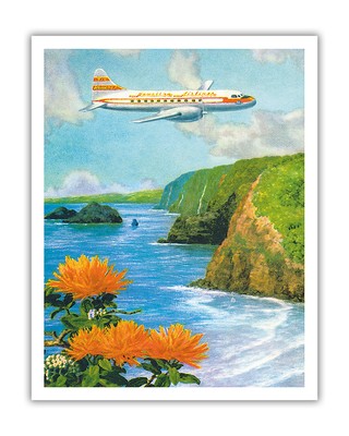 Over Pololu Valley Big Island Hawai i - Hawaiian Airlines Vintage Postcard 1952