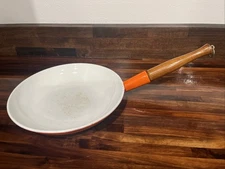 Vintage Casron Flame Orange Pan WOOD HANDLE Mid Century Enamel Cast Iron Japan