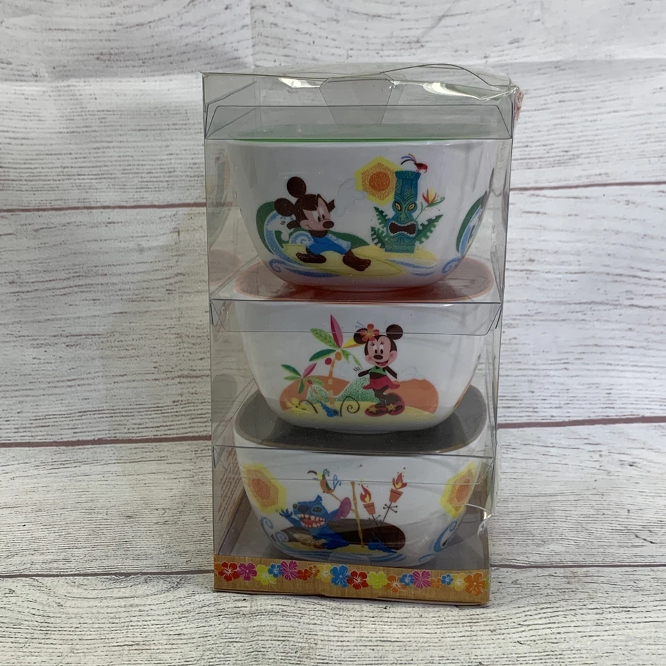 RARO! Disney Store Tiki Kingdom Bowl Set De 3 con Mickey Minnie Stitch Foto 2 de 4