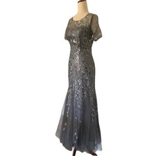 Gray Sequin Leaf Embroidered Mesh Mermaid Formal Gown Size 6 Gala Wedding Guest