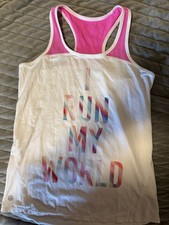 Athleta Girls Racerback Size M 8/10 Graphic Sport Tank Top White/Pink I Run