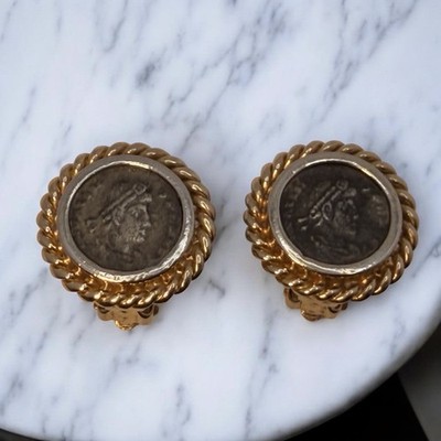 Ciner Coin Motif Gold Tone Clip-On Vintage Signed Earrings