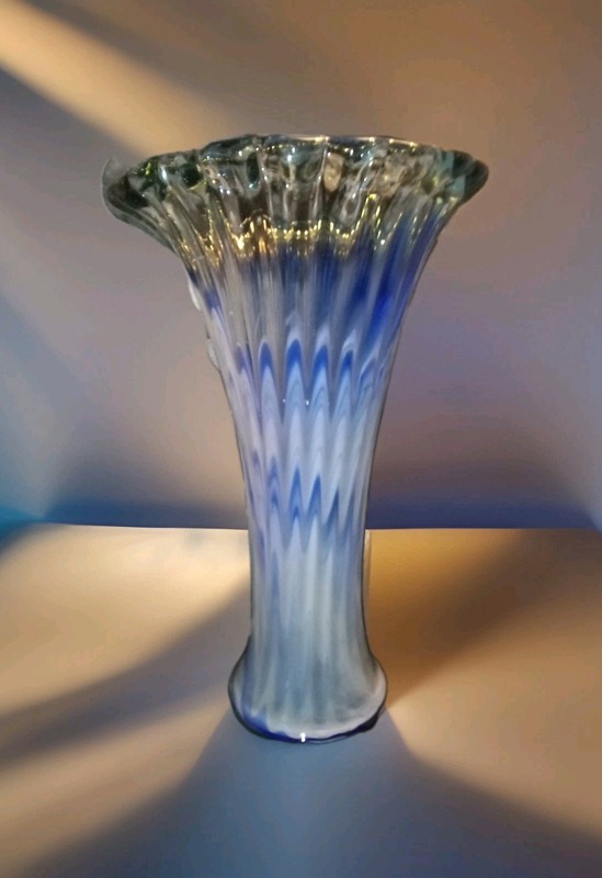VTG. Morano Style Swung Vase - Blue & White Swirl Ruffle Hand Blown - 14.5" tall