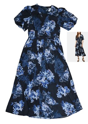 French Connection Caterina Floral Print Crepe Style Midi Length Dress 2 NWT Blue