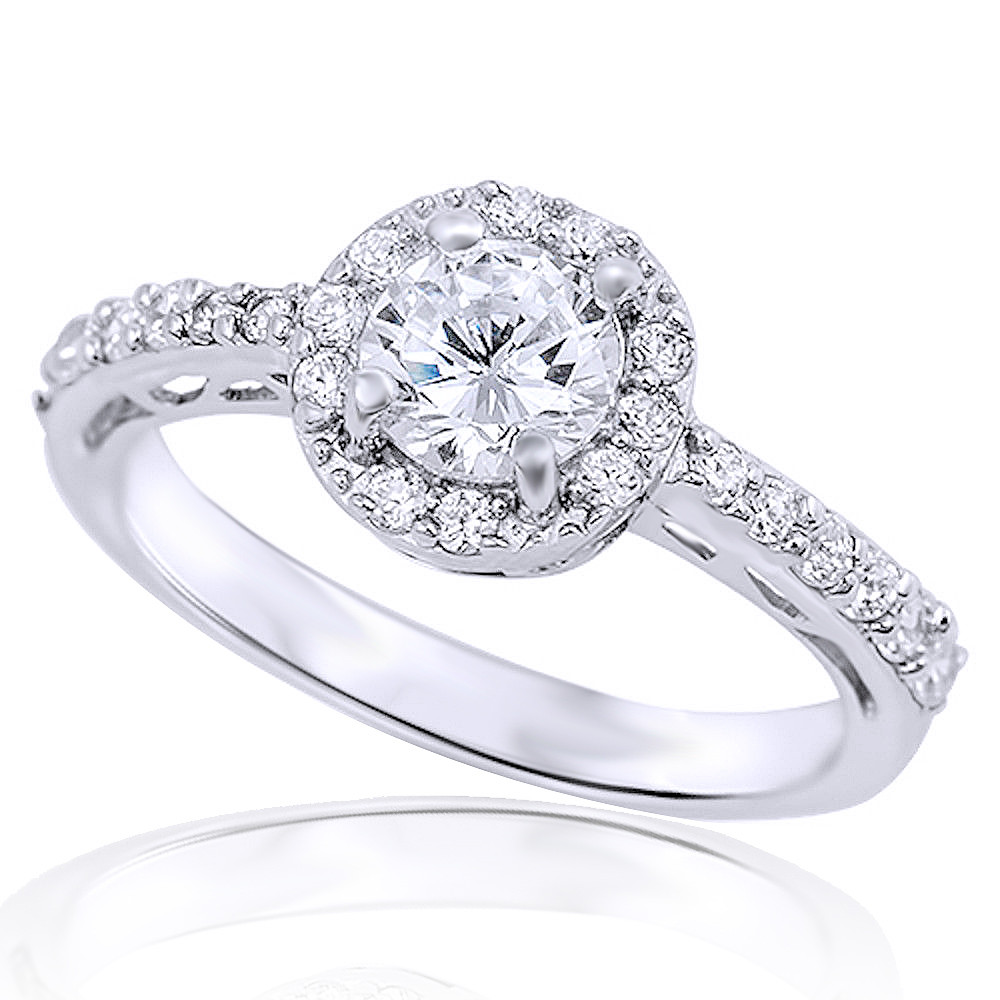 Halo Engagement Ring 14K White Gold Plated 925 Sterling Silver Cubic Zirconia-image