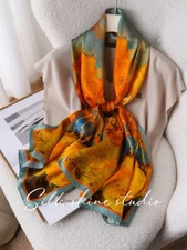 Large 100% Mulberry Silk Scarf Shawl-Soft Lightweight Birch Oil Painting- 66x20'