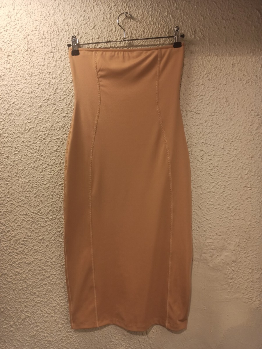 beige tube midi dress Beige Boob Tube Dress Midi Bodycon Ribbed Bandeau