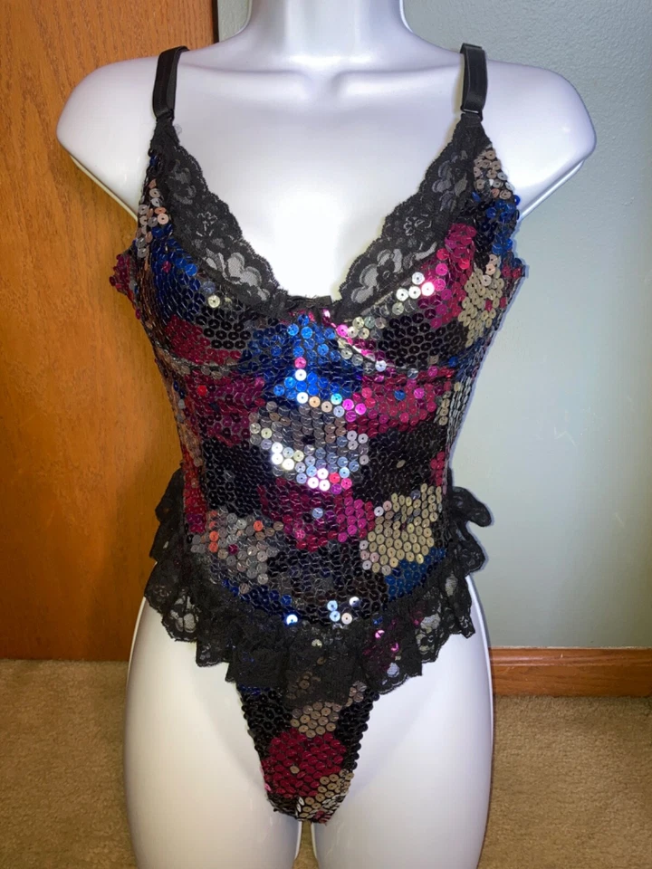 Conjunto de 2 peças de espartilho de lantejoulas Shirley of Hollywood 38 kg vintage RARO sexy preto rosa prata - Imagem 3 de 4