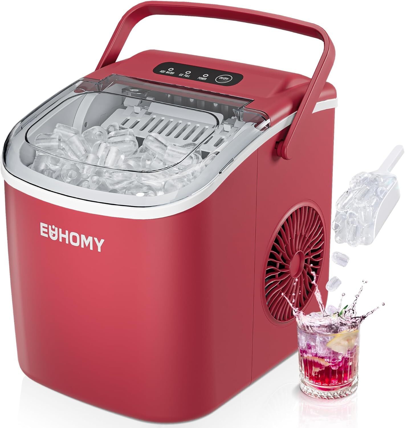 Countertop Ice Maker Machine with Handle, 26lbs Per Day(Red)