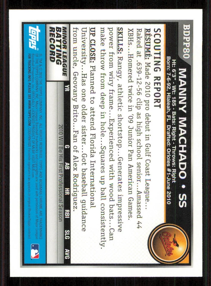 2010 Bowman Chrome Draft Prospects #BDPP80 Manny Machado - Image 2 of 2