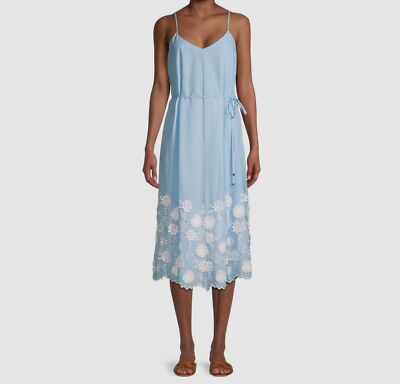 $452 Milly Women Blue Floral Embroidered V-Neck Belted Waist A-Line Dress Size 6