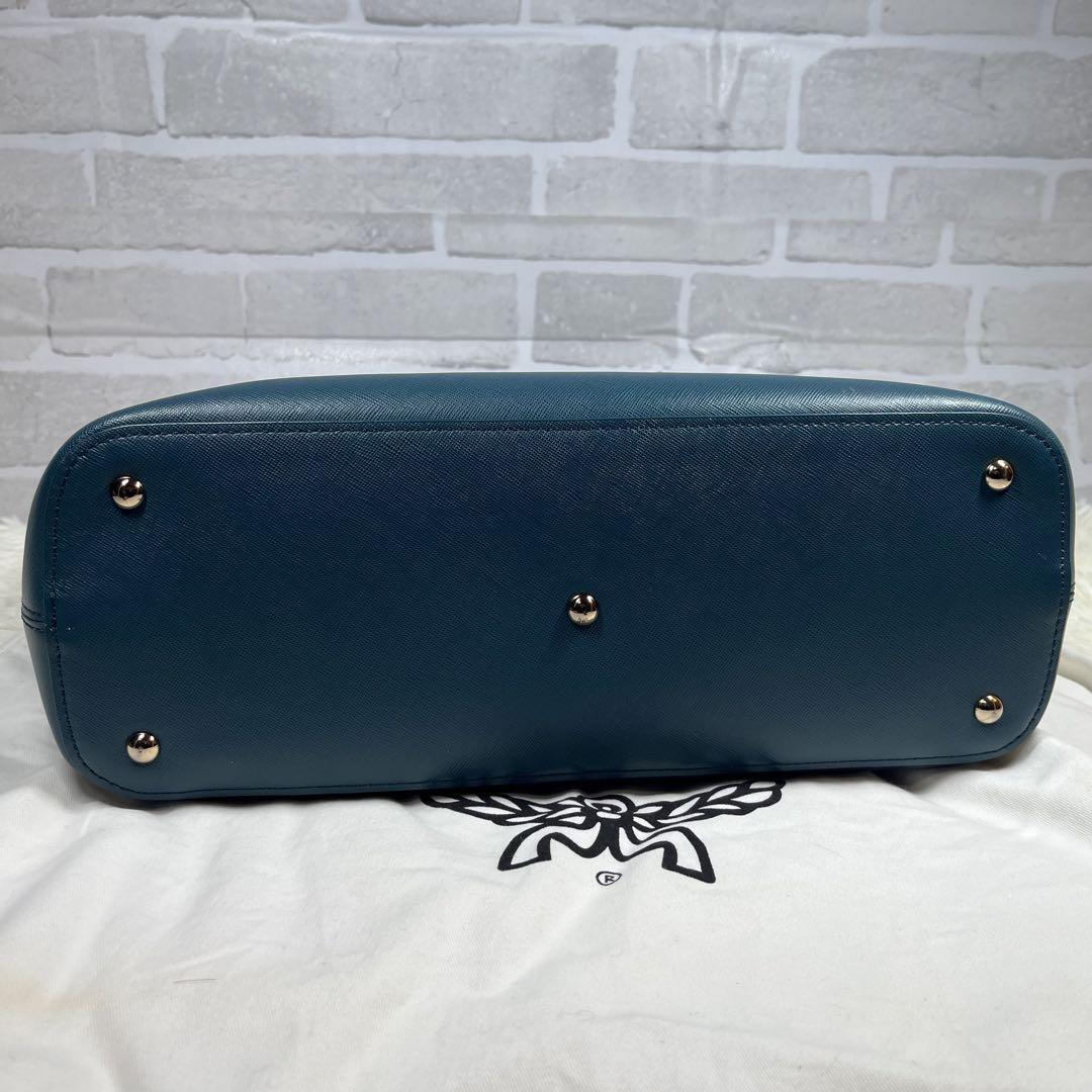 MCM Tote Bag with Pouch, Gold Metal Fittings, Blue, Green MCM Tote Bag with Pouch, Gold Metal Fittings, Blue, Green