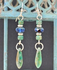 Silver with Green and Blue Czech Bead Dangle Earrings.