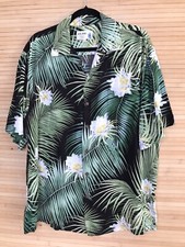 IOLANI Hawaiian Shirt Vintage sz L Short Sleeve Black Green Floral Front Pocket