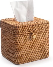 Rattan Tissue Box Cover Square, Wicker Tissue Box Holder with Lid, Natural Woven