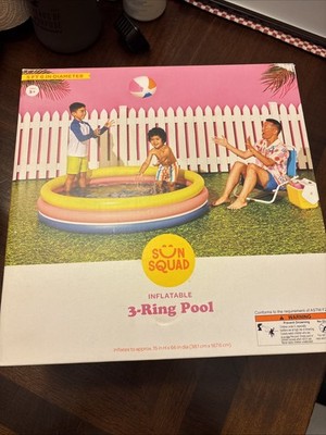 Sun Squad Inflatable 3 Ring Pool 105 gal Round Kiddie Pool - Yellow/Pink/Navy
