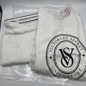 NEW Victoria's Secret 100% Cotton White Top&Pants Black Logo Pajama/Jogger Set
