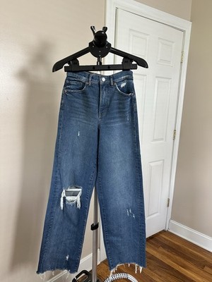 Express 90s Wide Leg Super High Rise Distressed Fringe Blue Denim Women's Jeans
