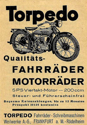 Werbung/Reklame 1928 : TORPEDO FAHRRÄDER/MOTORRÄDER - WEILWERKE - FRANKFURT a.M.