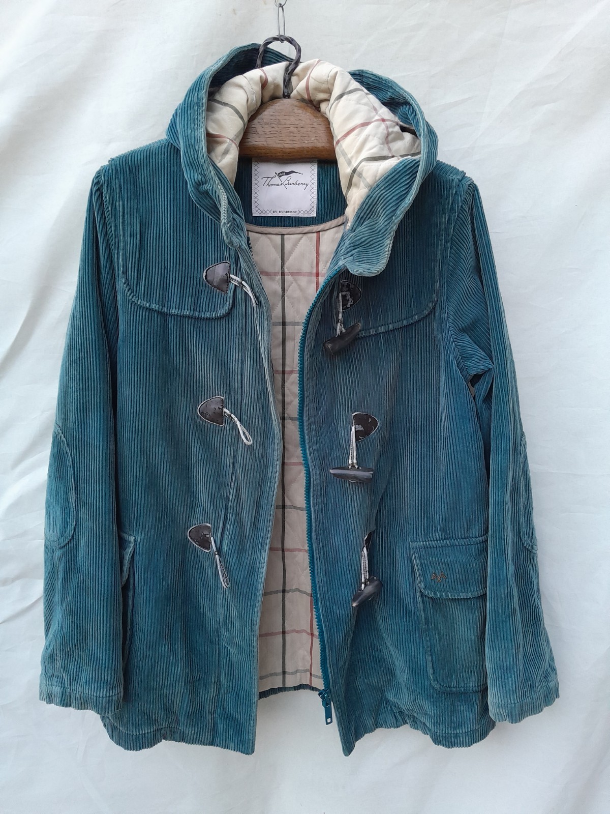 Vintage Thomas Burberry Duffle Coat Womens Large Blue Corduroy Hooded Made Spain image 7